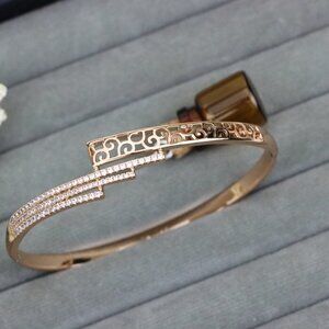 Rose Gold Bangle with Cutout Scroll Design and Triple Row Stones, XPBL0526